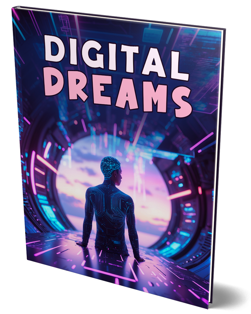 Book titled 'Digital Dreams' with a futuristic design and a person standing in front of a glowing circular portal.