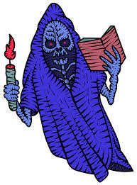 A stylized grim reaper illustration with a blue-purple hooded robe, skull face, holding a red candle in one hand and an open book in the other, on a plain white background.