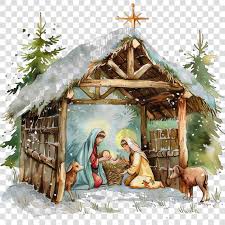 Nativity scene with Mary, Joseph, and baby Jesus in a manger, surrounded by trees and a star on a transparent background.
