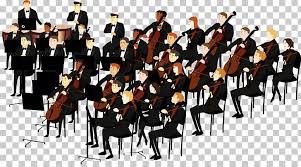 A stylized illustration of an orchestra with many musicians in black suits playing string instruments such as cellos, violins, and guitars on a transparent/checkerboard background.