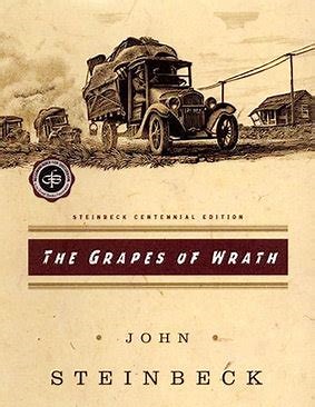 The front cover of the Steinbeck Centennial Edition book 'The Grapes of Wrath' by John Steinbeck, featuring a sepia-toned illustration of an old truck carrying a load in a rural landscape.