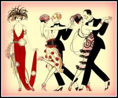 Artistic illustration of people in vintage clothing dancing