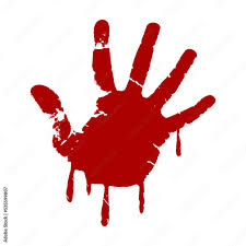 A graphic of a red blood handprint with dripping details on a white background.