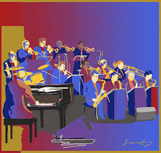 Colorful jazz orchestra illustration with pianist and band members on stage