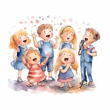 Cartoon group of children dancing and standing together in colorful outfits