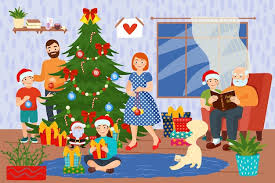 Family Christmas celebration illustration with Santa, children, and gift boxes