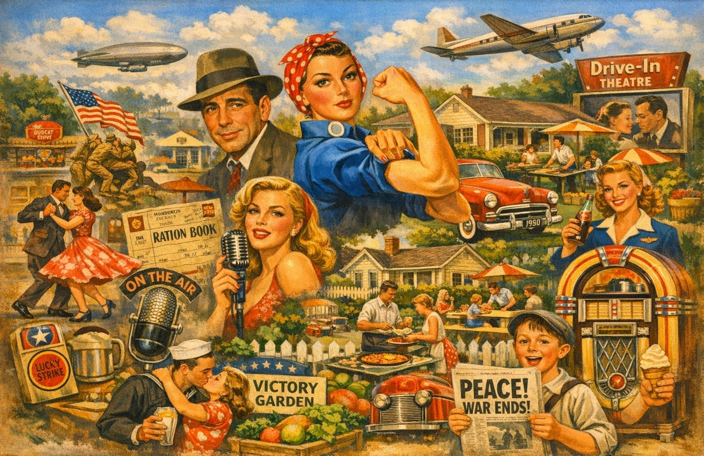 1940s Americana Collage Art Print – Nostalgic Wall Decor 17x11"