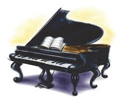 A black grand piano with an open music book on its bench, shown in a stylized illustration with a soft yellow glow behind it.