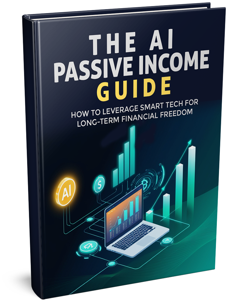 AI passive income guide book, dark cover with title text and neon finance charts