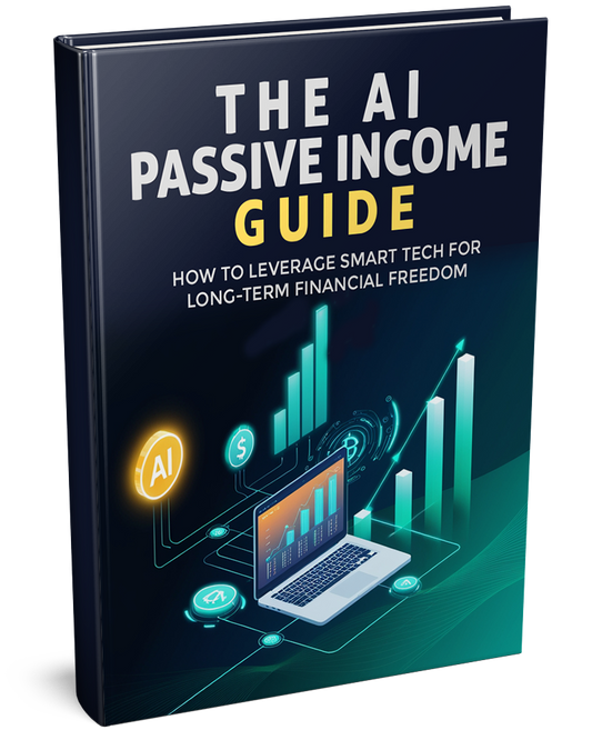 AI passive income guide book, dark cover with title text and neon finance charts