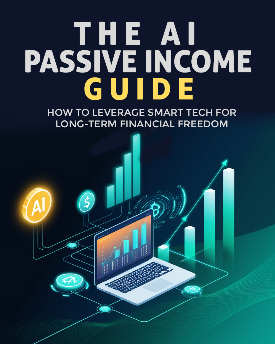 Book cover front: AI passive income guide title with subtitle and green-blue growth charts