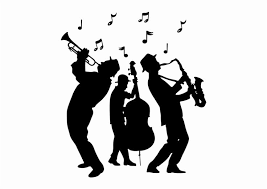Black and white illustration of a jazz band playing instruments on a white background