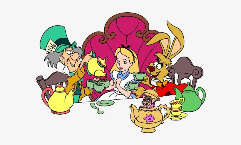 Animated scene from 'Alice in Wonderland' with characters around a tea party table.
