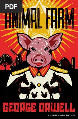 Book cover of 'Animal Farm' by George Orwell featuring a pig in a leadership pose with a red and yellow background.