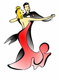 Cartoon illustration of a couple dancing in formal attire on a white background