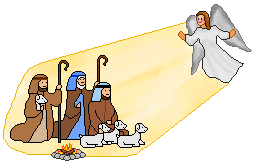 Illustration of the Nativity scene with Mary, Joseph, baby Jesus, sheep, and an angel on a yellow background.
