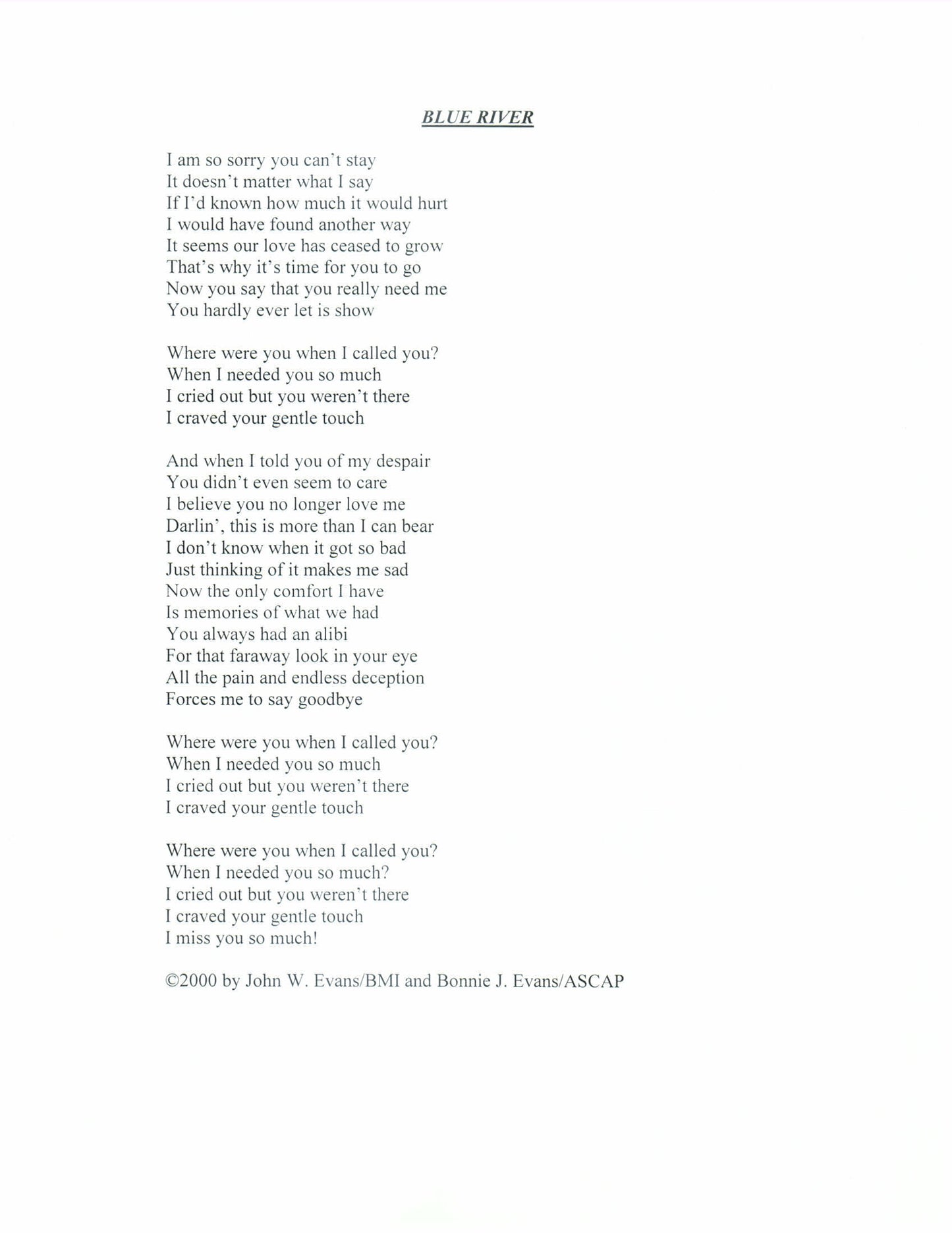 Blue River (I Miss Your Gentle Touch)