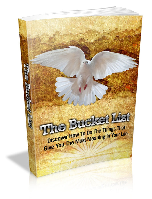 Book titled 'The Bucket List' with a white dove on a gold and brown background