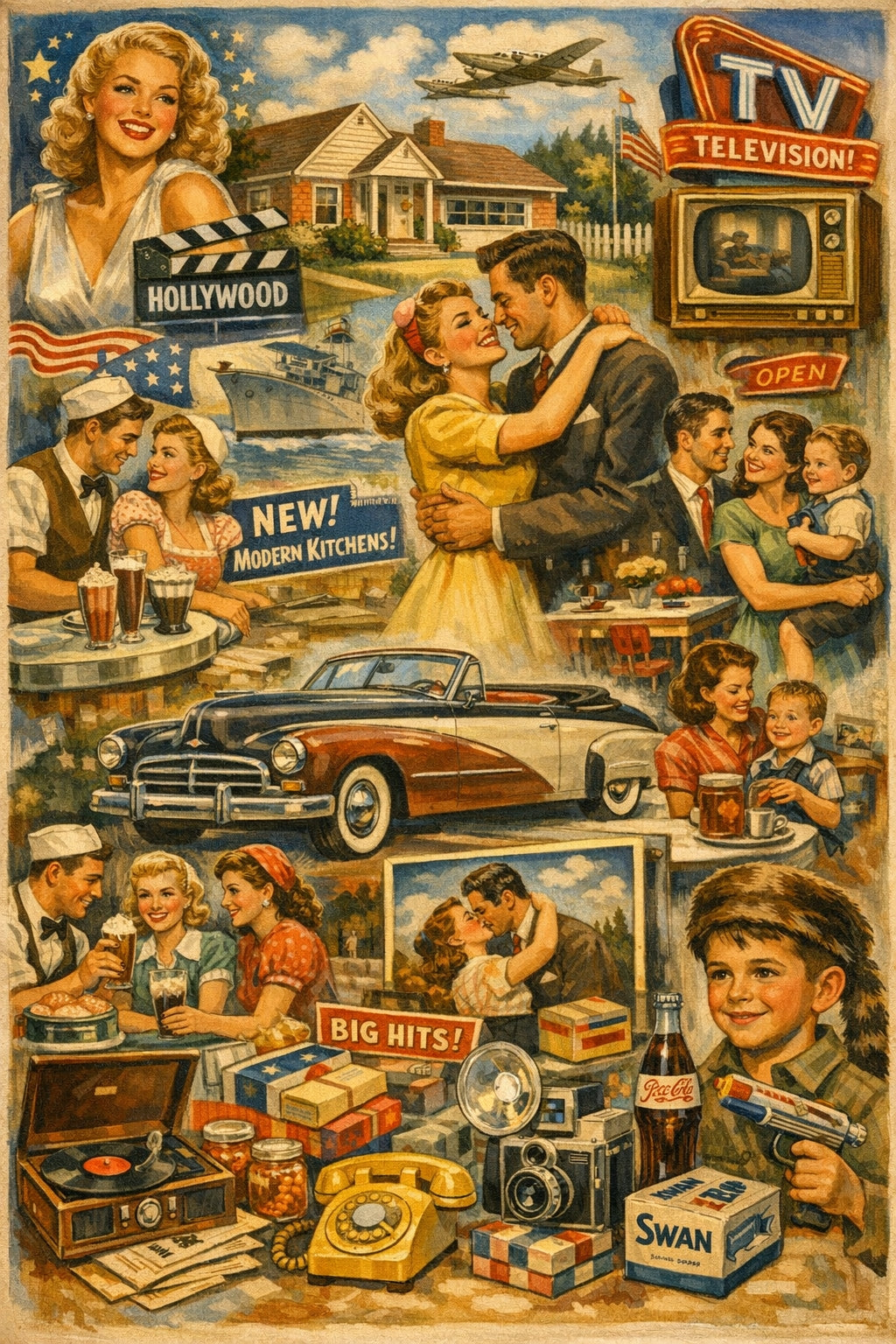 1940s Americana Collage Art Print – Nostalgic Wall Decor