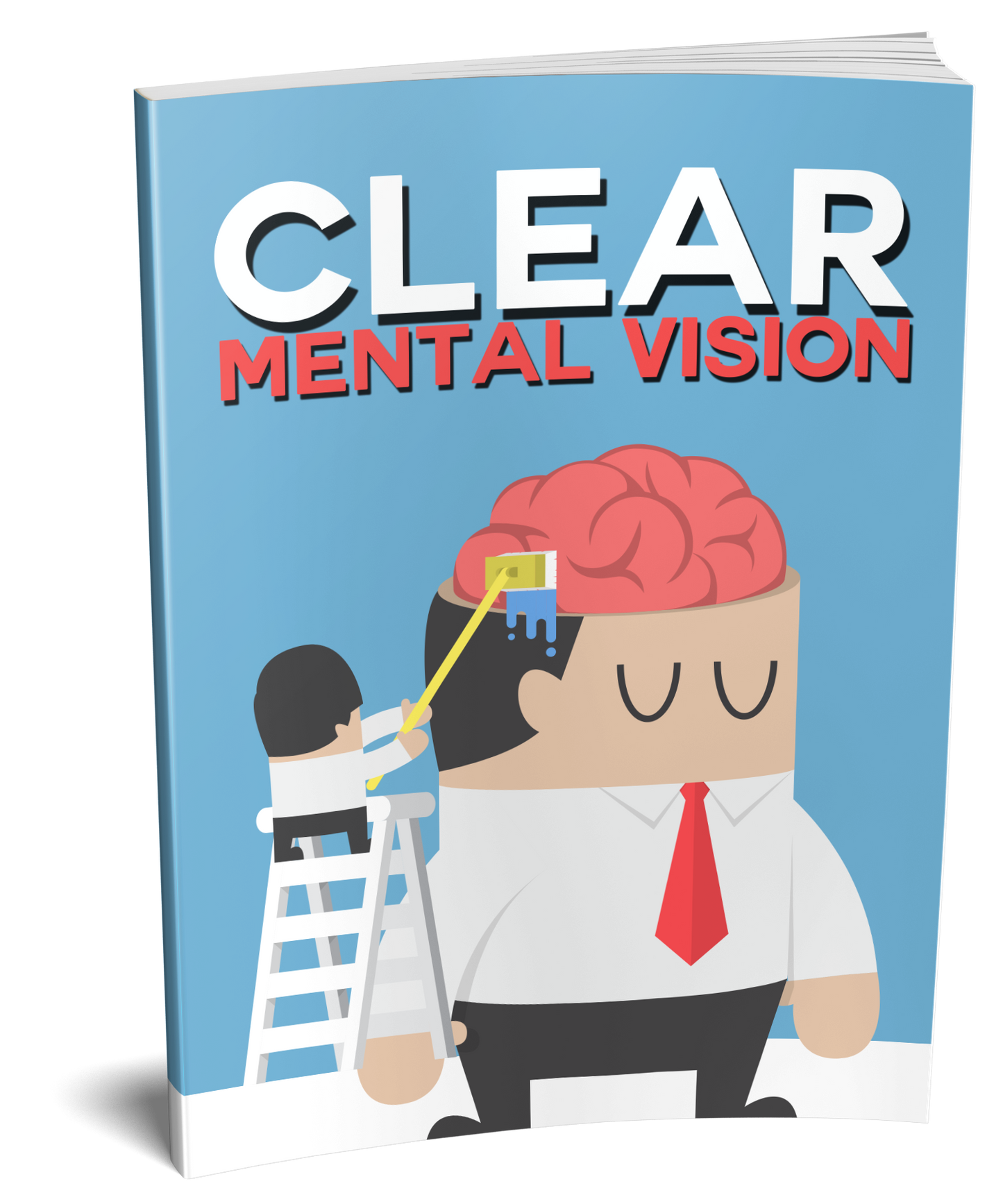 Book titled 'Clear Mental Vision' with a cartoon character and brain illustration on a blue background