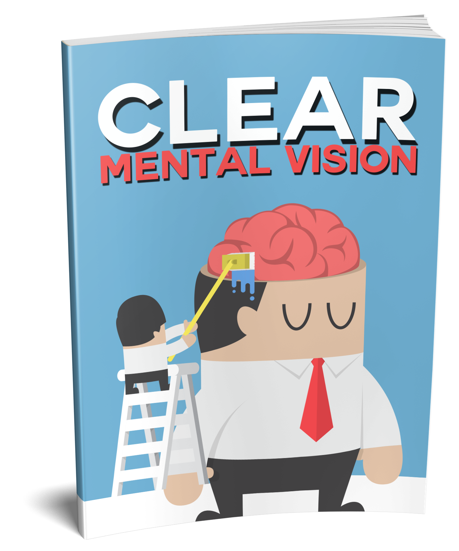 Book titled 'Clear Mental Vision' with a cartoon character and brain illustration on a blue background
