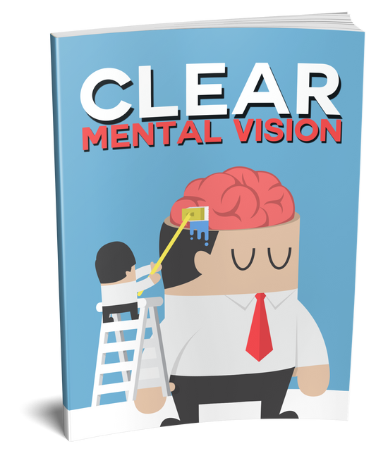 Book titled 'Clear Mental Vision' with a cartoon character and brain illustration on a blue background