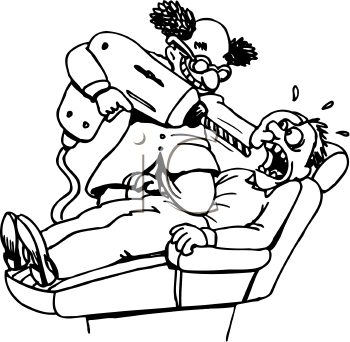 Cartoon of a person getting a haircut with a machine, sitting in a chair.