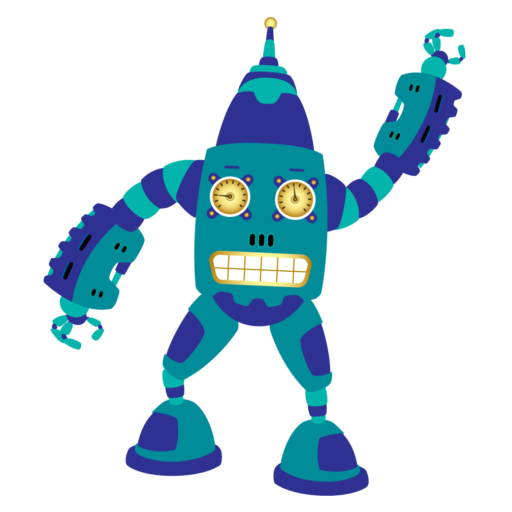 Cartoon dental robot character with blue body, clock-style eyes, and teal arms