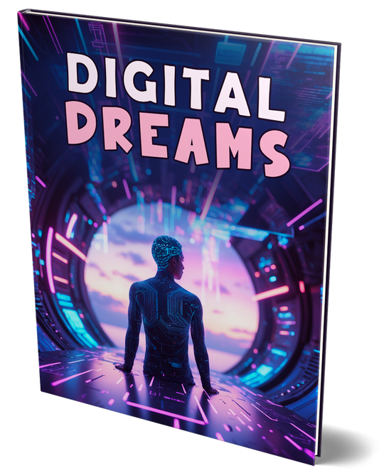 Book titled 'Digital Dreams' with a futuristic design and a person standing in front of a glowing circular portal.