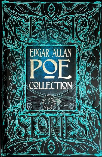 Book cover for 'Edgar Allan Poe Collection: Stories' featuring ornate teal and black gothic-style border artwork with white title text in the center.