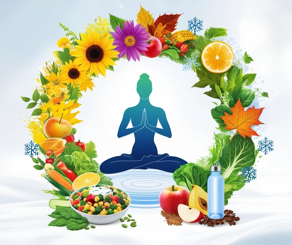 A stylized illustration of a meditating blue silhouette surrounded by a circular arrangement of seasonal fruits, vegetables, flowers, and leaves, with a small blue bottle at the bottom right on a white background.