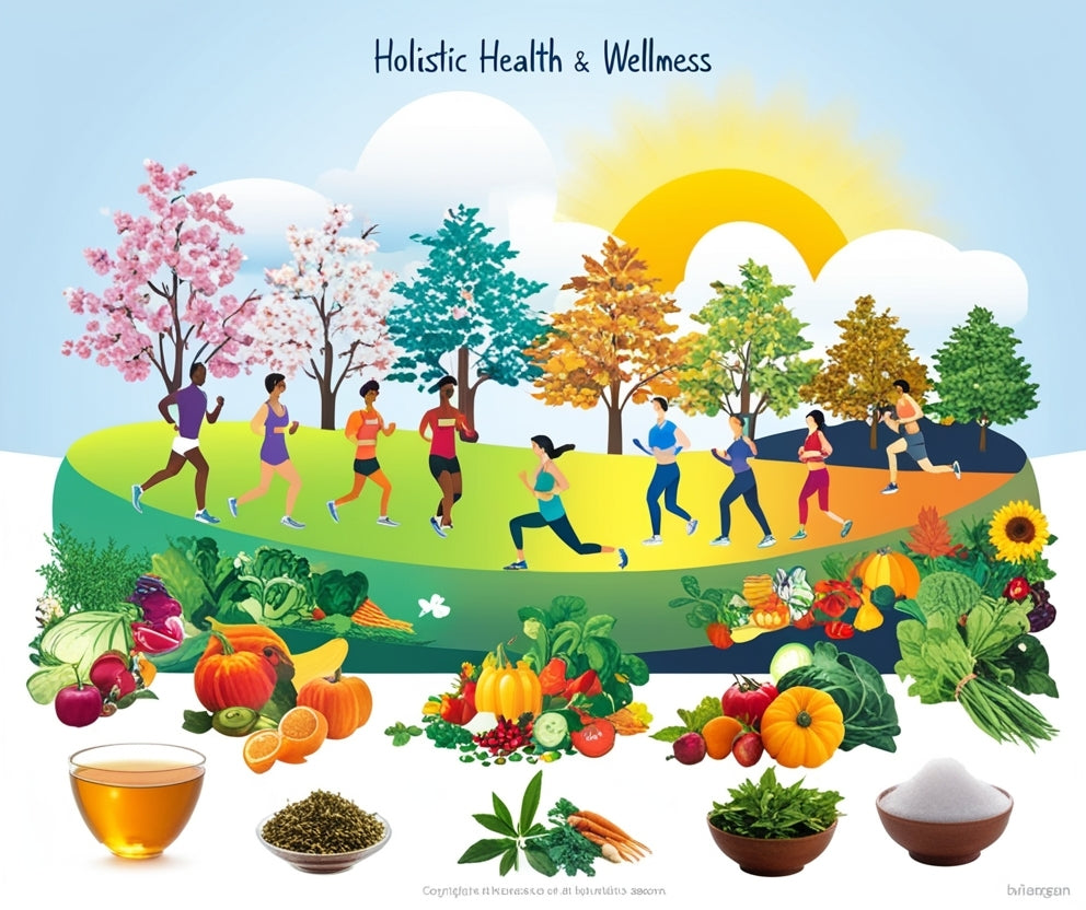Illustrated poster titled 'Holistic Health & Wellness' showing people jogging in a park with trees, flowers, and a sun, with vegetables, fruits, herbs, and small bowls of ingredients arranged below on a light blue background.