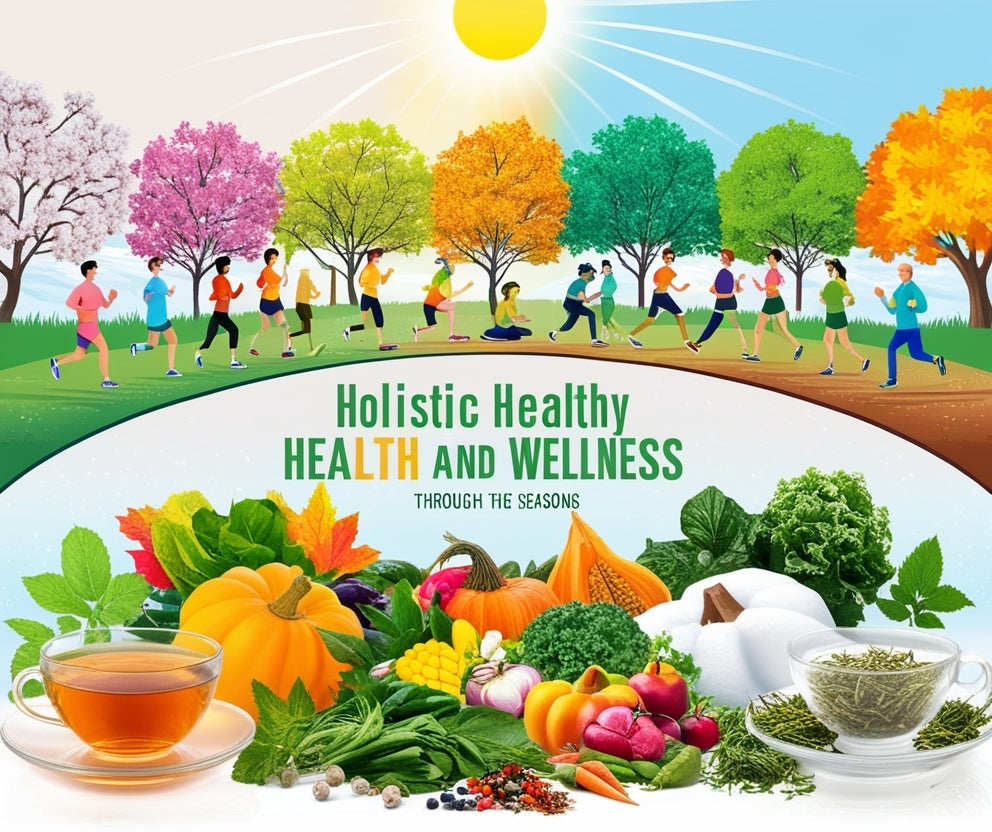Illustrated poster-style graphic with the text 'Holistic Healthy HEALTH AND WELLNESS THROUGH THE SEASONS' over a scenic outdoor scene of people jogging among colorful trees, with fresh vegetables, tea, and herbs arranged along the bottom.