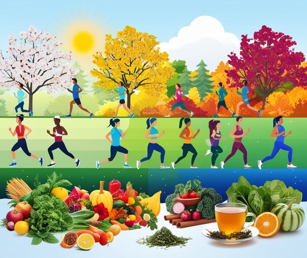 A colorful illustrated banner promoting healthy lifestyle and nutrition. The top half shows various people jogging and exercising in a vibrant park with autumn trees, a cherry blossom tree, and a bright sun.