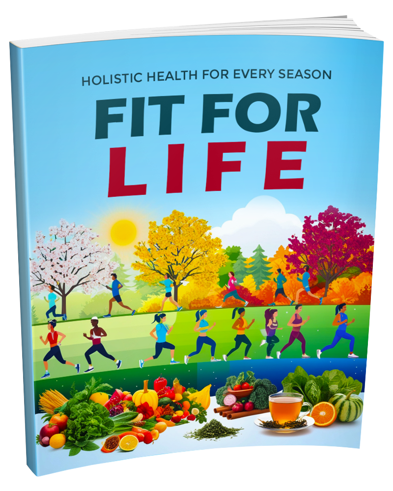 A hardcover book titled 'FIT FOR LIFE' with the subtitle 'HOLISTIC HEALTH FOR EVERY SEASON' on a light blue cover, featuring colorful illustrations of runners, autumn trees, and fresh foods along the bottom.