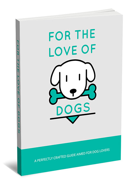Book titled 'For the Love of Dogs' with a dog illustration and bone on a white background
