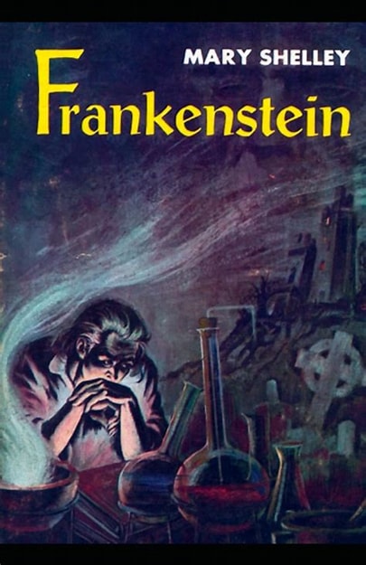 Book cover for Mary Shelley's Frankenstein, featuring a dark illustrated scene with a man in a laboratory surrounded by flasks and chemicals, with the title in large yellow letters and the author name in white at the top.