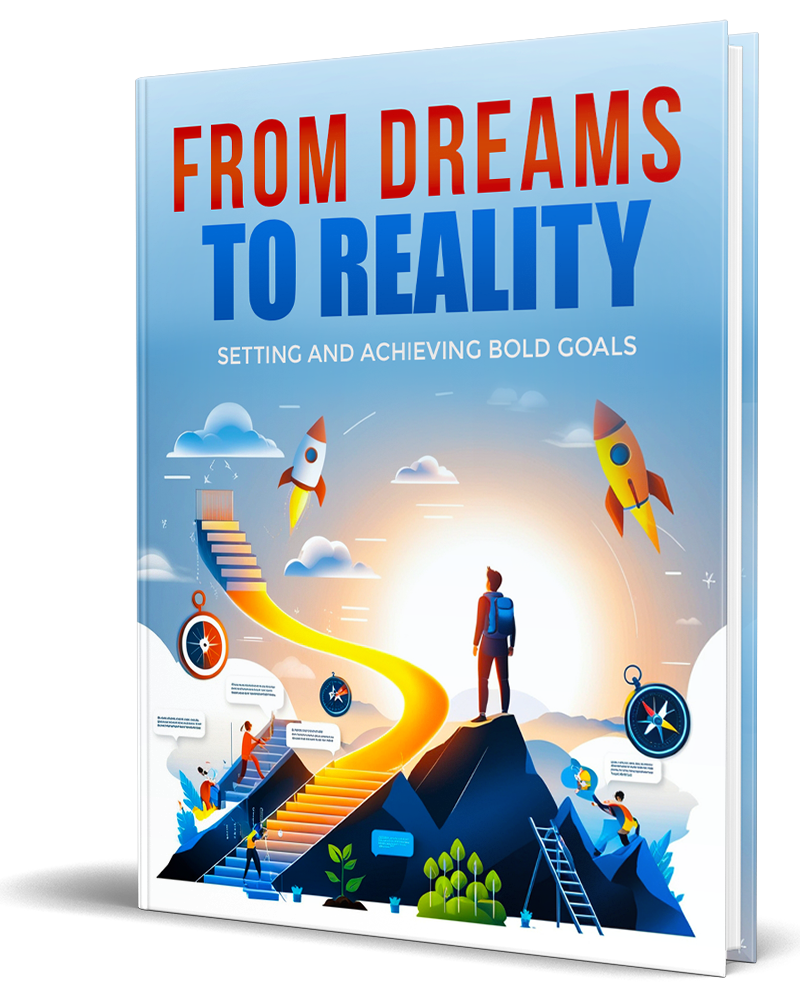 Book titled 'From Dreams to Reality' with a colorful cover featuring rockets and people on a mountain.