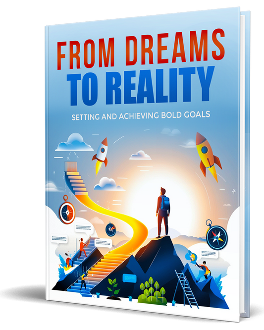 Book titled 'From Dreams to Reality' with a colorful cover featuring rockets and people on a mountain.