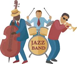 Cartoon illustration of a jazz band playing instruments with 'Jazz Band' text on the drum.