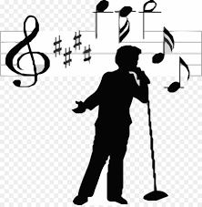 Silhouette of a person singing with musical notes above on a transparent background