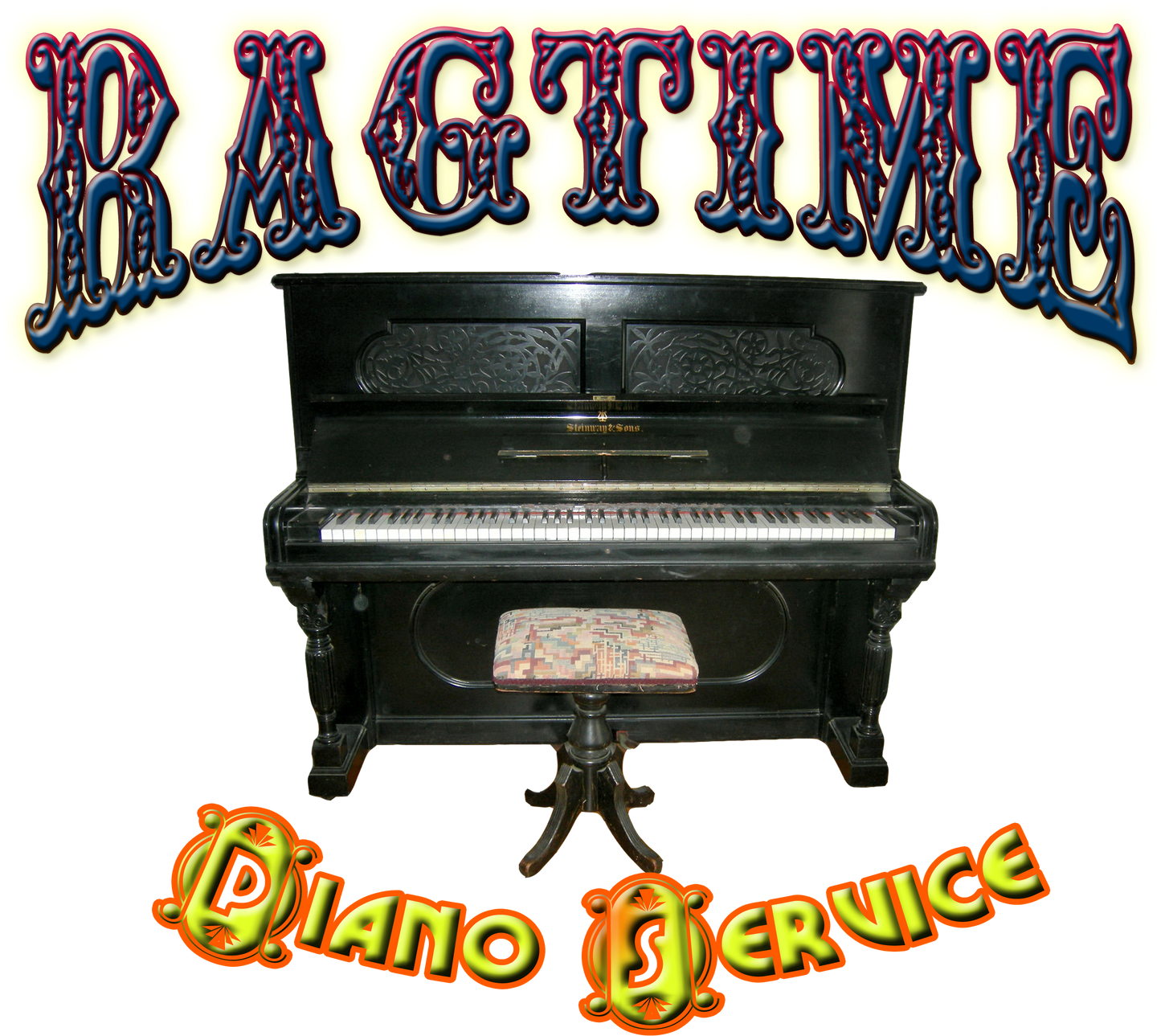 Vintage upright piano with decorative text overlay on a white background