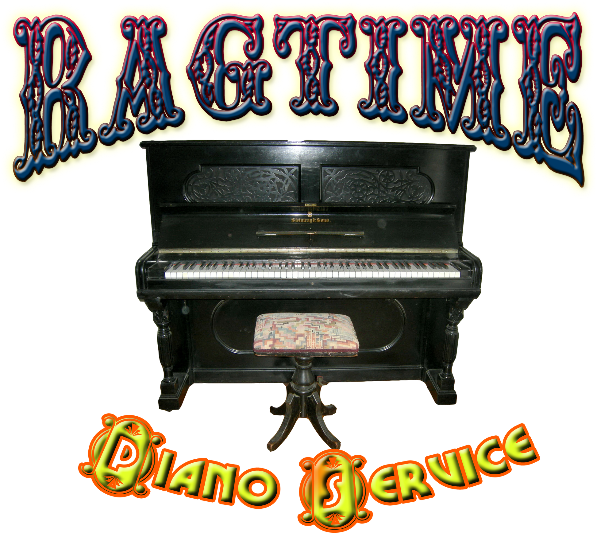 Vintage upright piano with decorative text overlay on a white background