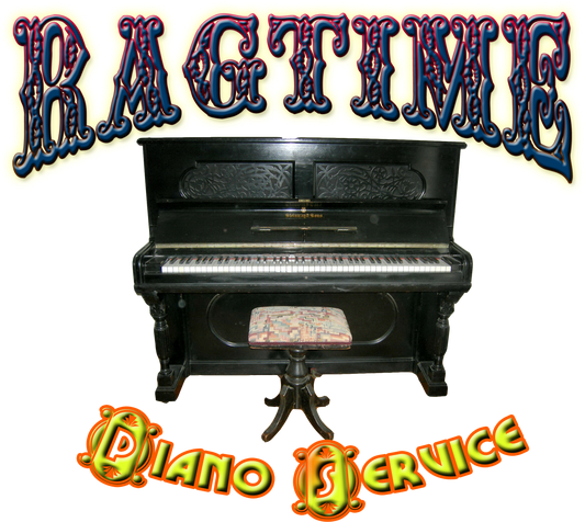 Vintage upright piano with decorative text overlay on a white background