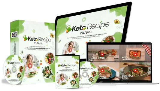 Keto Recipe Videos packaging and digital content on a laptop screen.