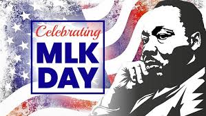 Celebrating MLK Day graphic with a black-and-white portrait of Martin Luther King Jr. beside a blue, red, and white American flag design and large text reading 'Celebrating MLK DAY'.