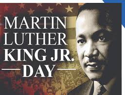 A square graphic celebrating Martin Luther King Jr. Day, featuring a black-and-white portrait of Dr.