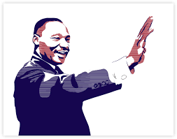 A stylized graphic illustration of Martin Luther King Jr. waving, rendered in dark navy blue, white, and red on a plain white background.