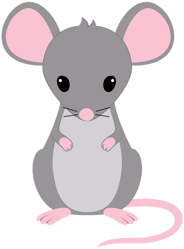 Cartoon mouse with pink inner ears and feet on a transparent background