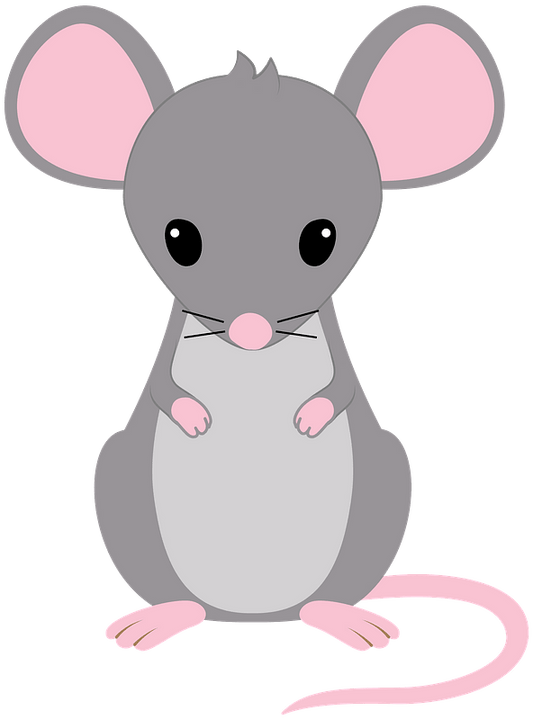 Cartoon mouse with pink inner ears and feet on a transparent background